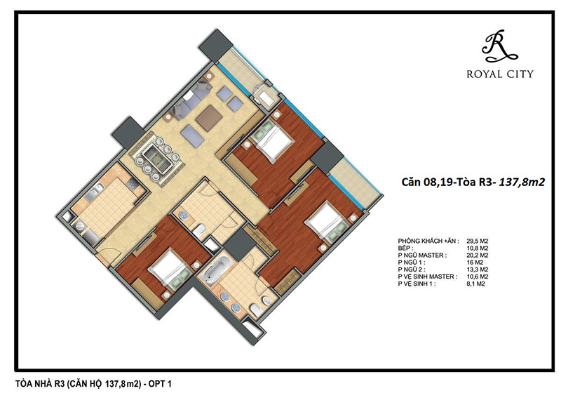 Sơ đồ mặt bằng căn số 08 và 19 tòa R3 Royal City