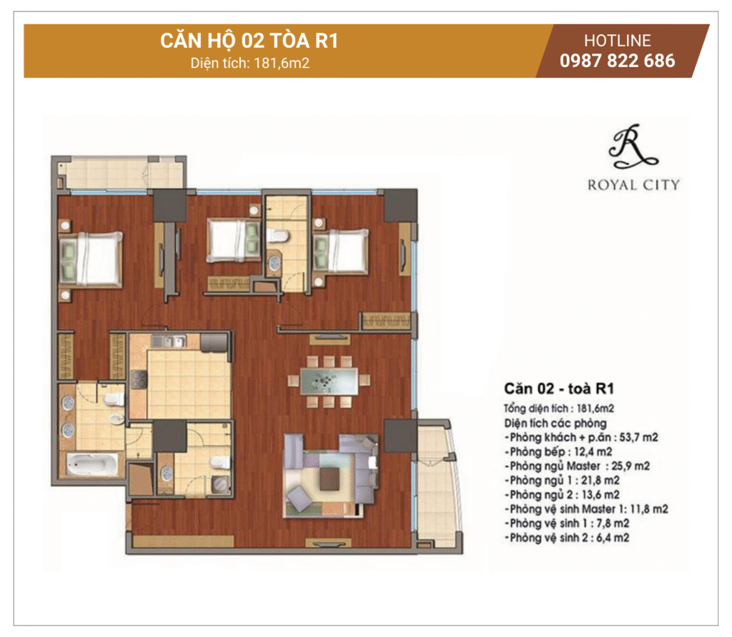 Mặt bằng căn 02 tòa R1 Royal City