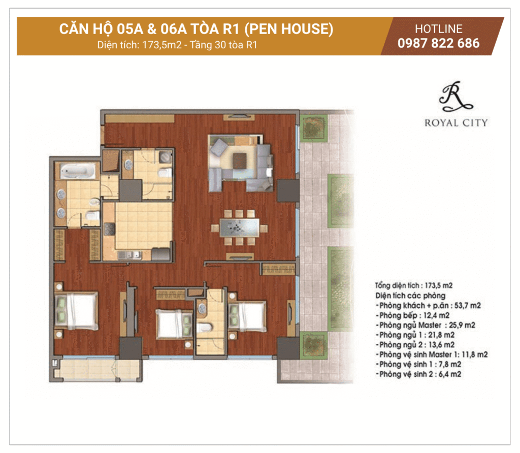 Mặt bằng căn hộ Penhouse 05A và 06A tòa R1 Royal City