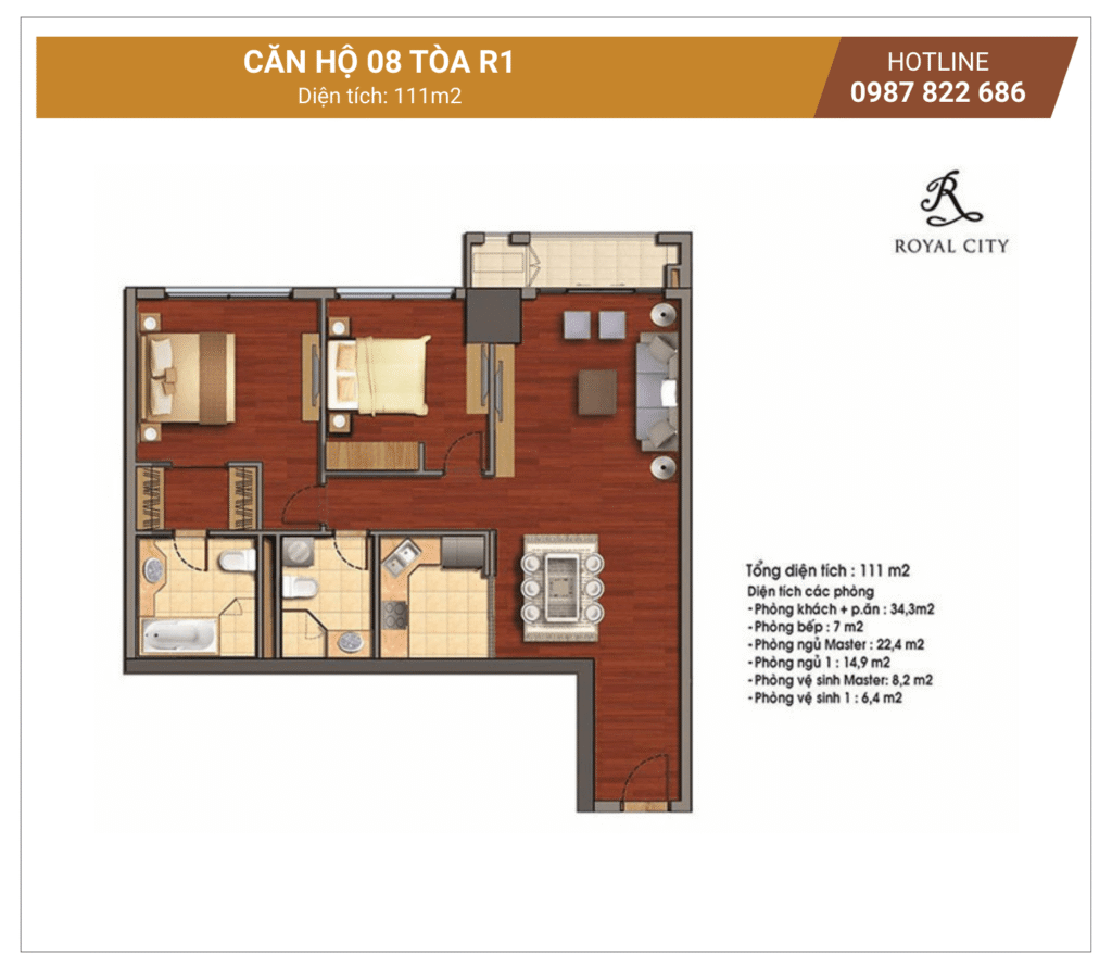 mặt bằng căn 08 tòa R1 Royal City