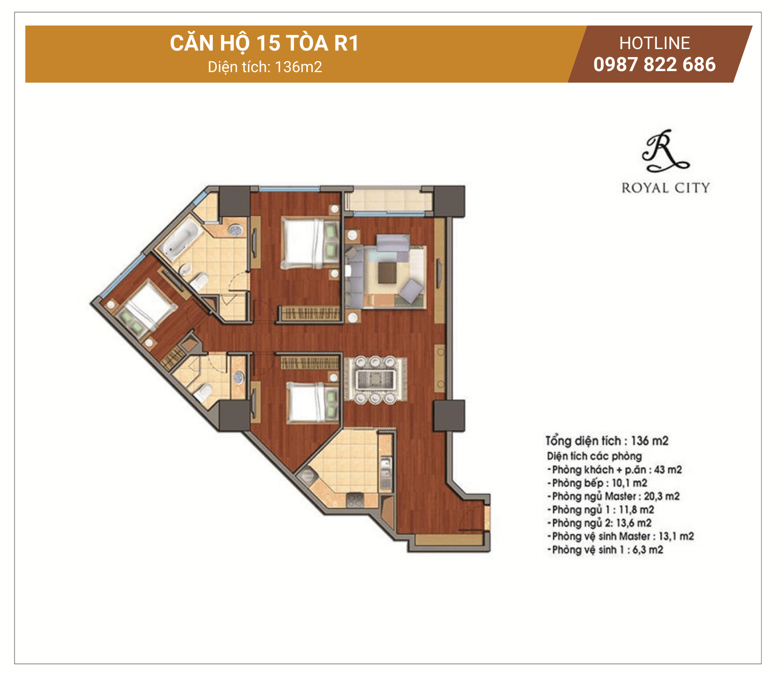 Mặt bằng căn 15 tòa R1 Royal City