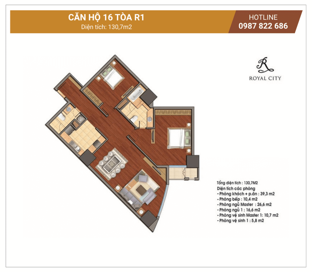 Mặt bằng căn 16 tòa R1 Royal City