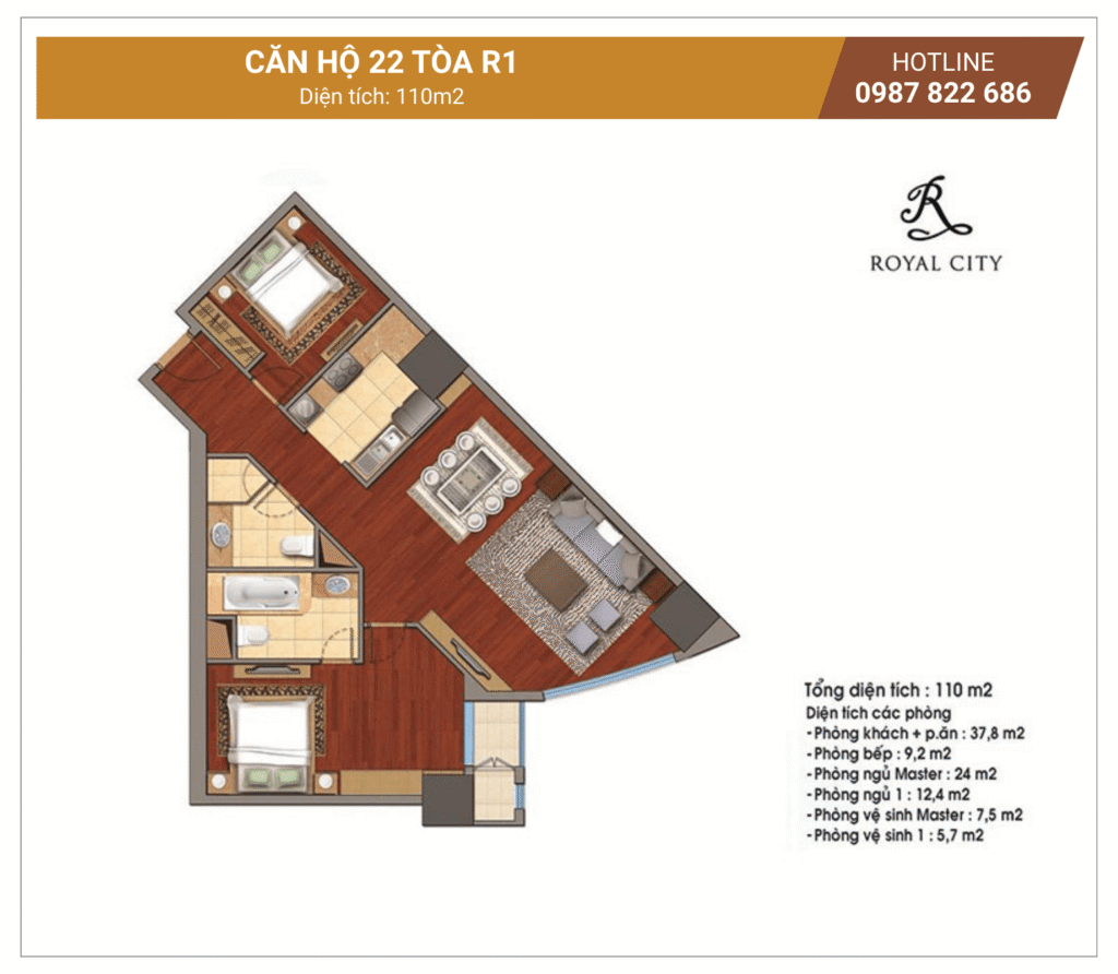 mặt bằng căn 22 tòa R1 Royal City