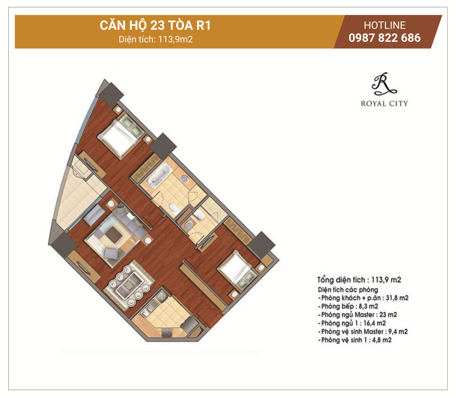 mặt bằng căn 23 tòa R1 Royal City